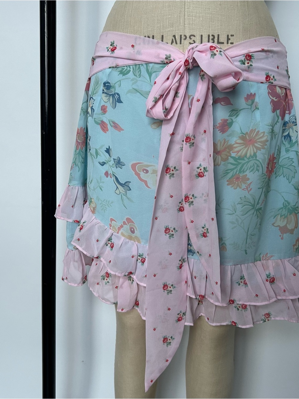 Dolls Kill Pastel Floral Wrap Mini Skirt - Pink & Light Blue